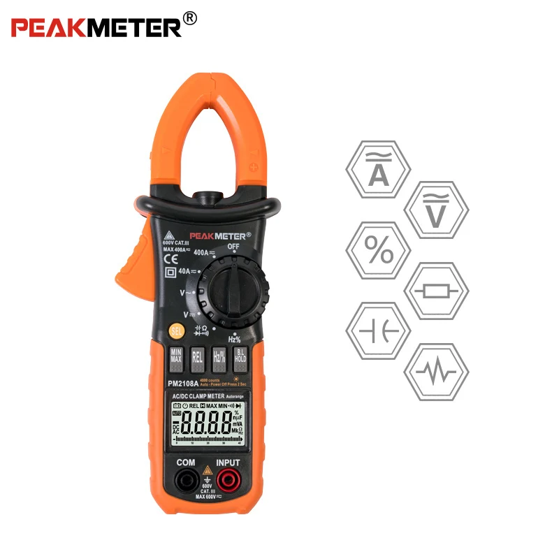 

Official PEAKMETER PM2108A Digital AC DC Clamp Meter 4000 Counts Capacitance frequency Resistance Earth Tester Multimeter