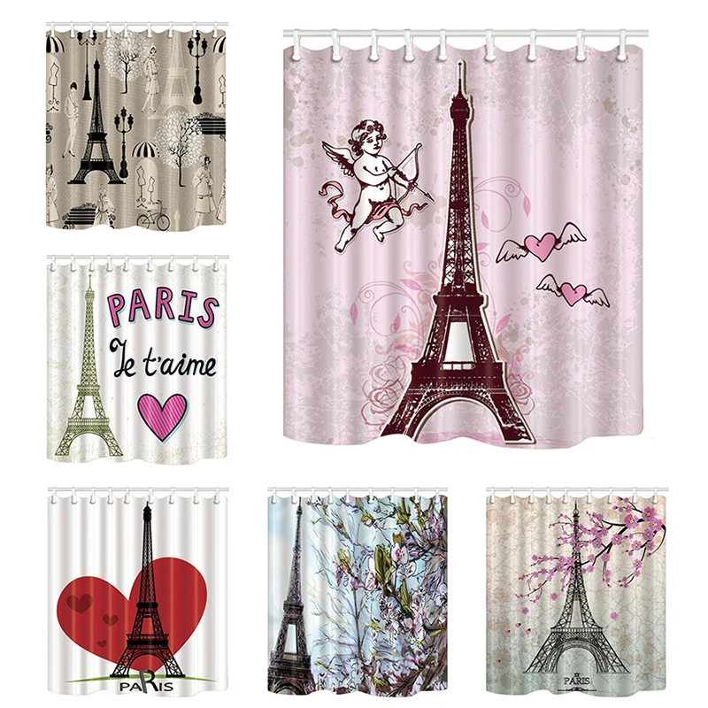

Waterproof Shower Curtains for Bathroom Curtain PARIS Tower Art Design Bath Screen Polyester Fabric Mildew Proof with 12 Hooks