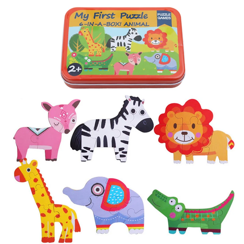 Baby Toys 6 In 1 Iron Box Cartoon Animals Wooden Puzzle For Children Montessori Early Educational Gifts Kids | Игрушки и хобби
