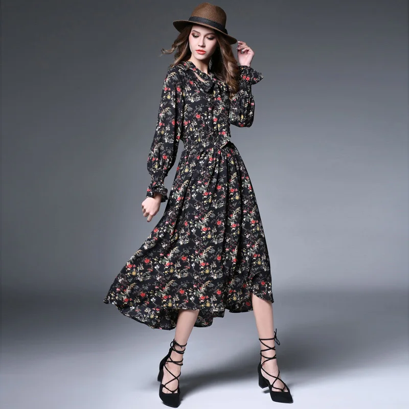 2017 Autumn Women dress Fashion Elegant Long sleeve Print MIdi Dresses ...