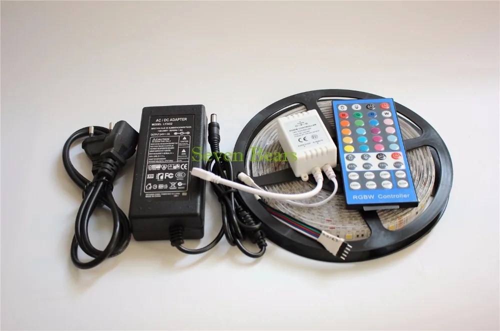 ФОТО IP65 Waterproof 5M led strip light 5050 DC24V RGBW RGBWW  60leds/m +40 Key RGBW controller +24v 2a power supply with plug  kit