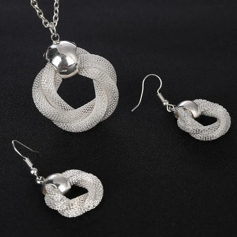 Модный посеребренный ювелирный набор, сетчатый круглый кулон, ожерелье, длинные висячие серьги, женские серебряные ожерелья, серьги, наборы