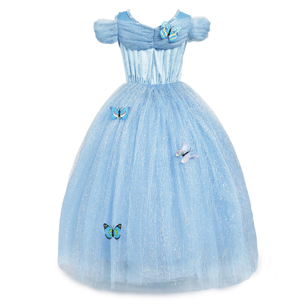 Платье Золушки для девочек платье бальное платье для детей с вышитыми бабочками Эльза, Белль карнавальный костюм принцессы для Хэллоуина День рождения