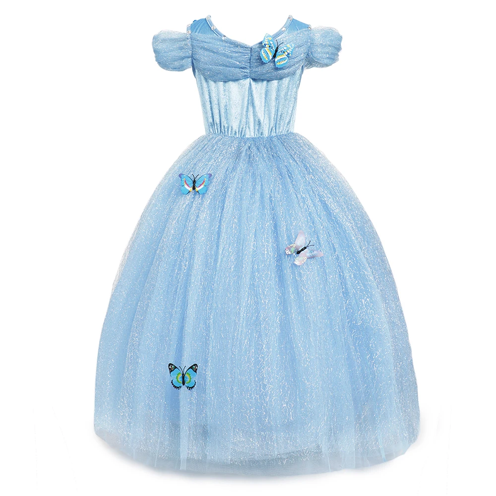 Girls Cinderella Dress up Ball Gown Kids Butterfly Embroidered Elsa Belle Princess Cosplay Costume for Halloween Birthday Party