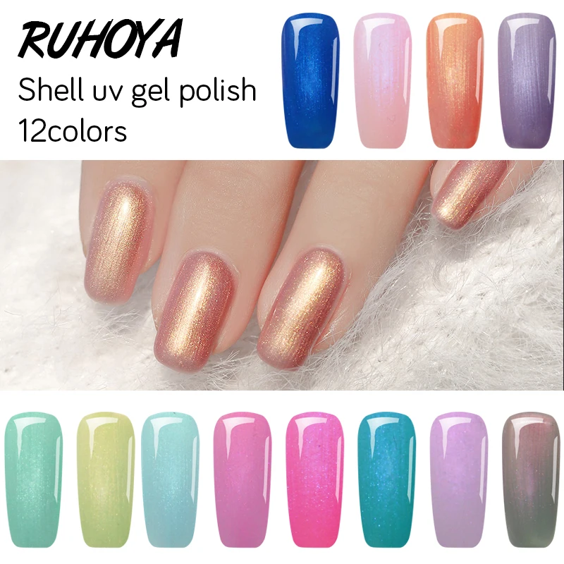 

Ruhoya Pearl Nail Art Manicure Lacquer Long Lasting Soakoff Mermaid Shell Nail Gel Polish 8ML Shimmer Glitter UV Gel Varnish