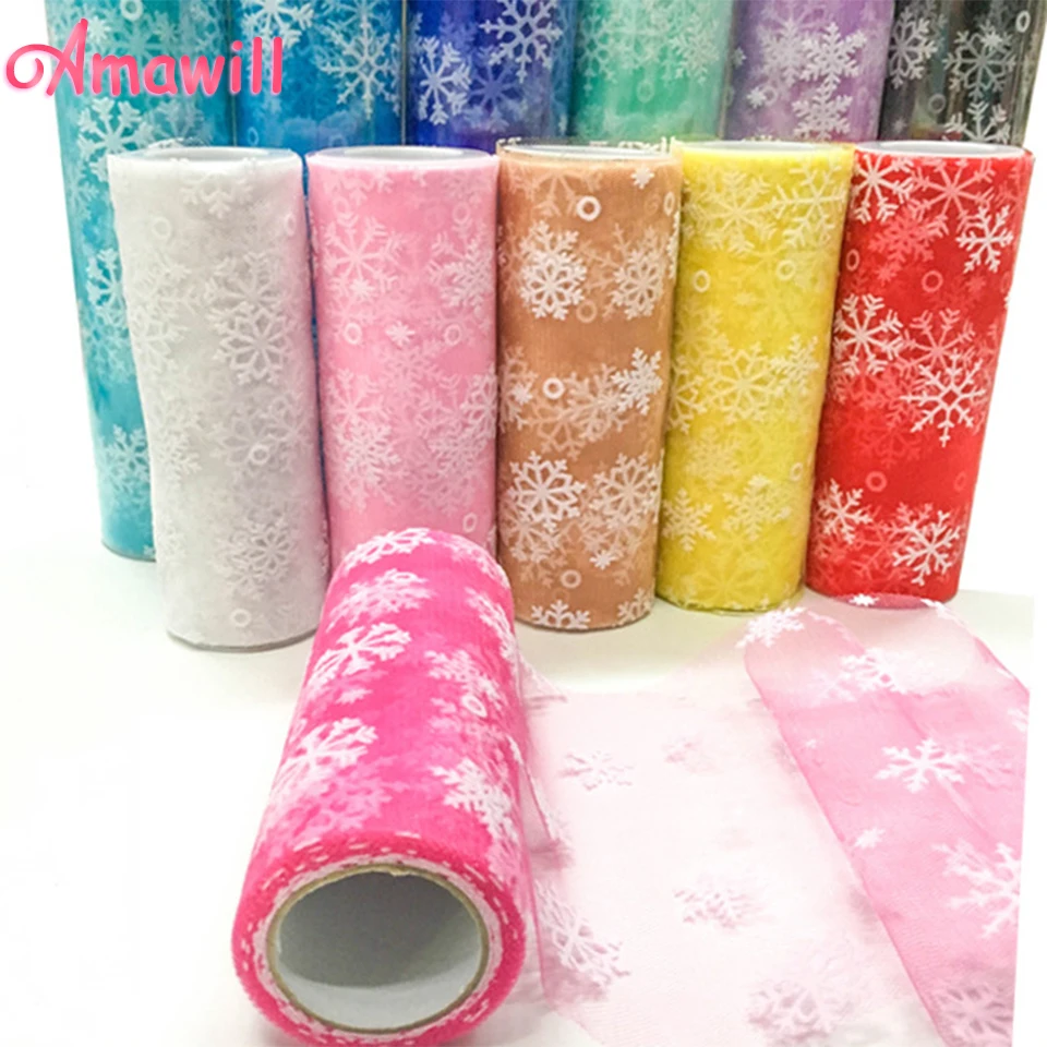 Amawill 15cm*10Y Snowflake Organza Tulle Rolls Wedding Decoration Frozen Party Thanksgiving Christmas Decoration for Home 6D