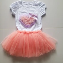 pink fluffy skirt and white o-neck summer tees puff-sleeved short tee set pattern fashion tee outfit dress