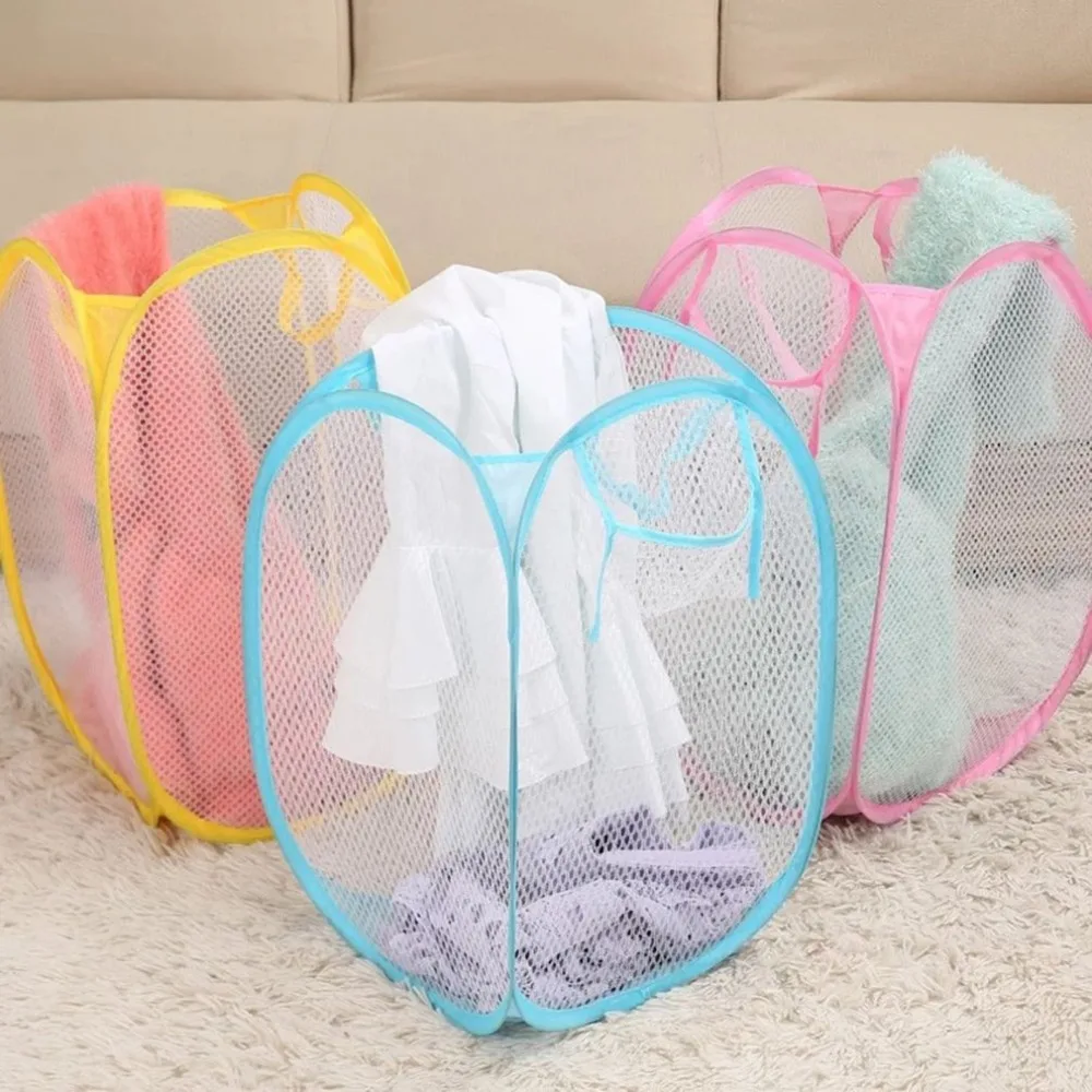 Foldable Pop Up Washing Laundry Basket Breathable Hamper Nylon Mesh