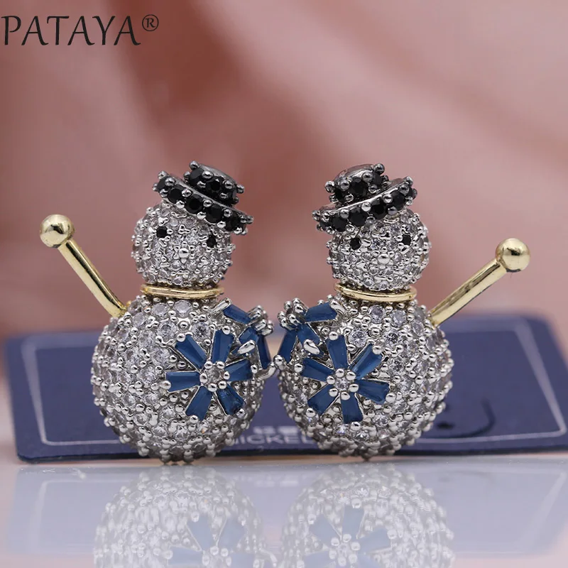 

PATAYA New 925 Sliver Needle Stud Earrings White Gold Blue Square Natural Zircon Women Wedding Jewelry Luxury Snowman Earrings