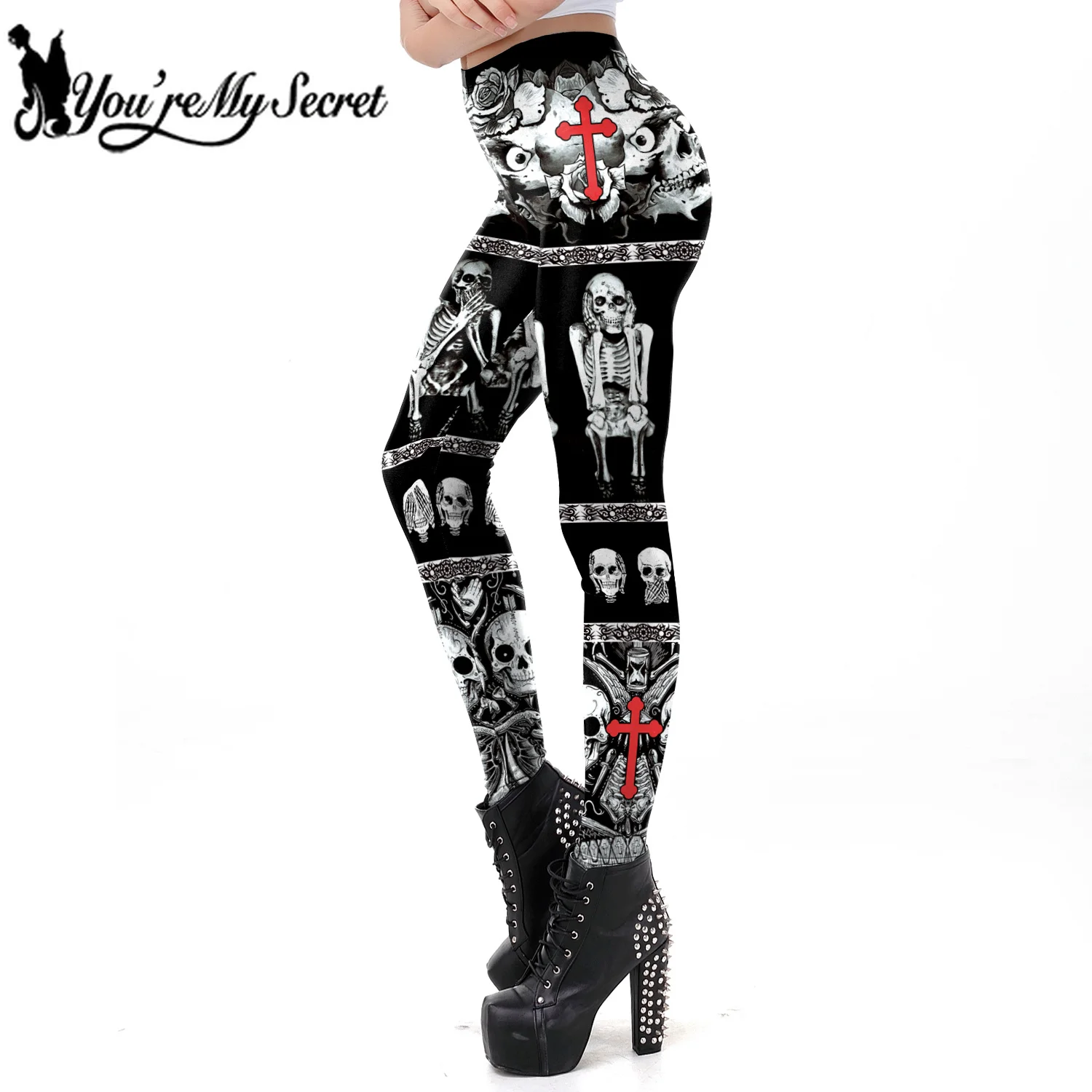 

[You're My Secret] Hollween Shy Skull Gothic Leggings for Women Cross Tomb Black Comic New Fashion Dropship Ankle Pants