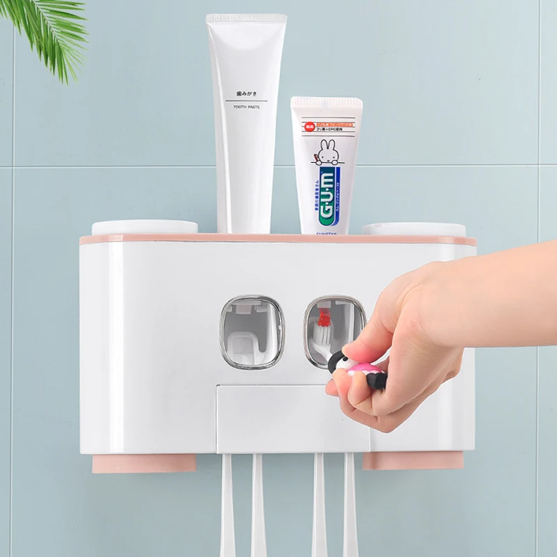 

Bathroom Accessories Set Automatic Toothpaste Dispenser Squeezer Toothbrush Holder Cups Seamless Wall Mounted Storage Organizer