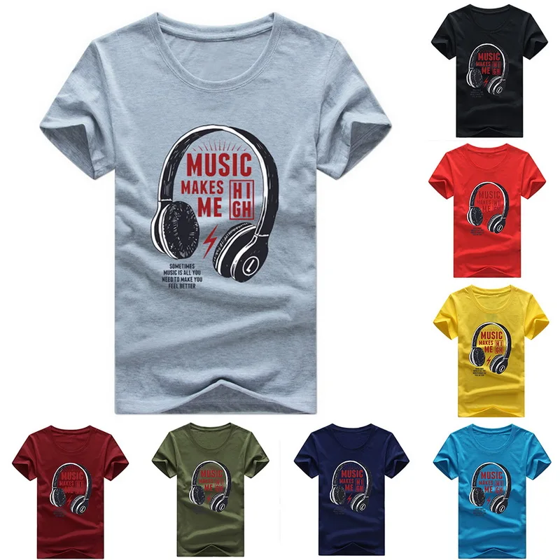 

SHUJIN 2019 Men's Round Neck Headset Print T-Shirt Short Sleeve Basic Tee Casual Sweatshirt Homme Fitness Workout Basic Tops