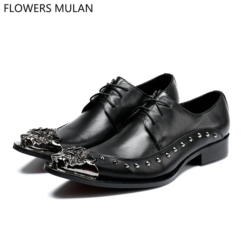 

Black Genuine Leather Silver Metal Toe Side Rivet Cool Men Dress Shoes Lace Up Middle Chunky Heel Business Shoes Male Footwear