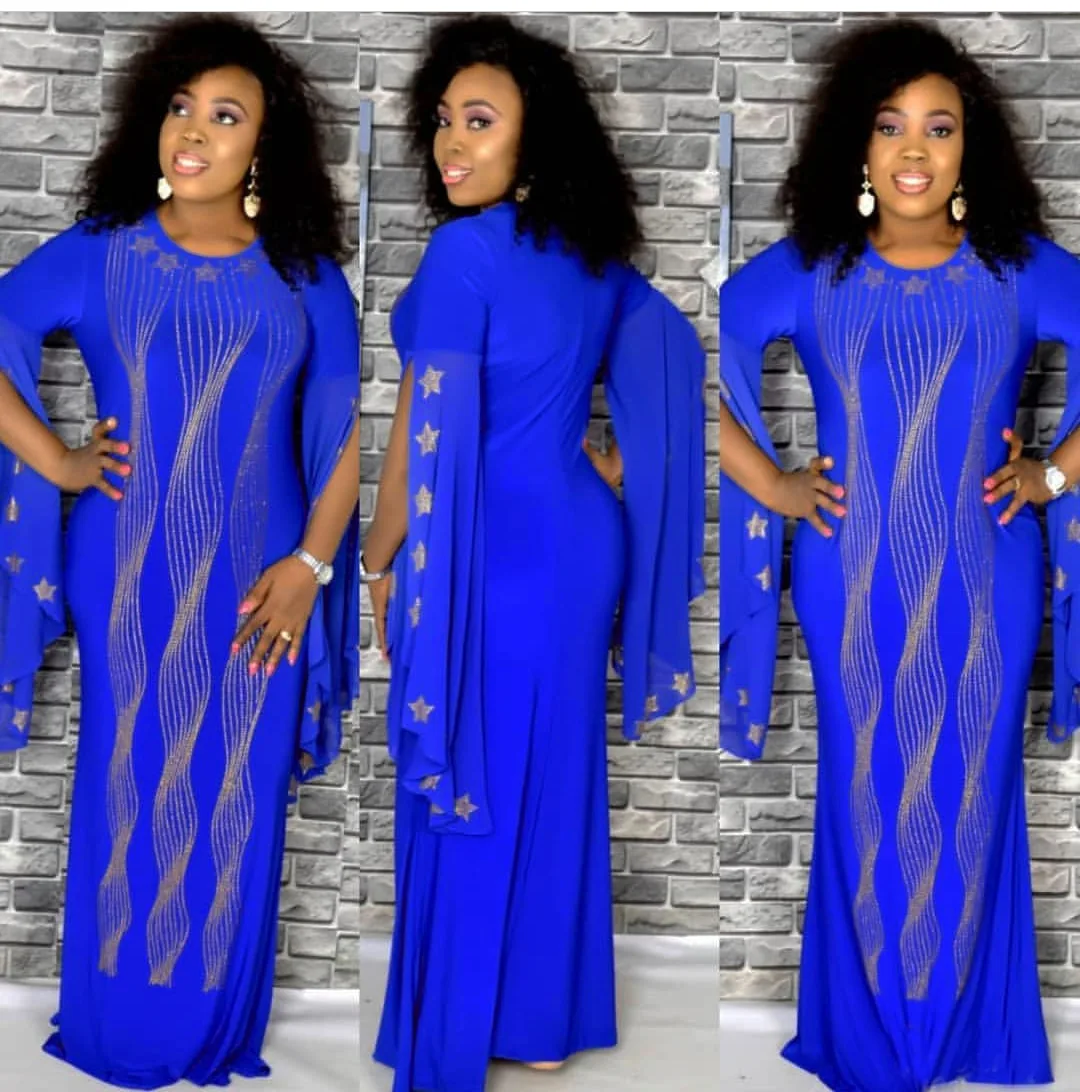 

African Slim Fishtail Skirt Starlike Rhinestone Breathable Lotus Sleeve Spring Autumn Aristocratic Temperament Elastic Dresses