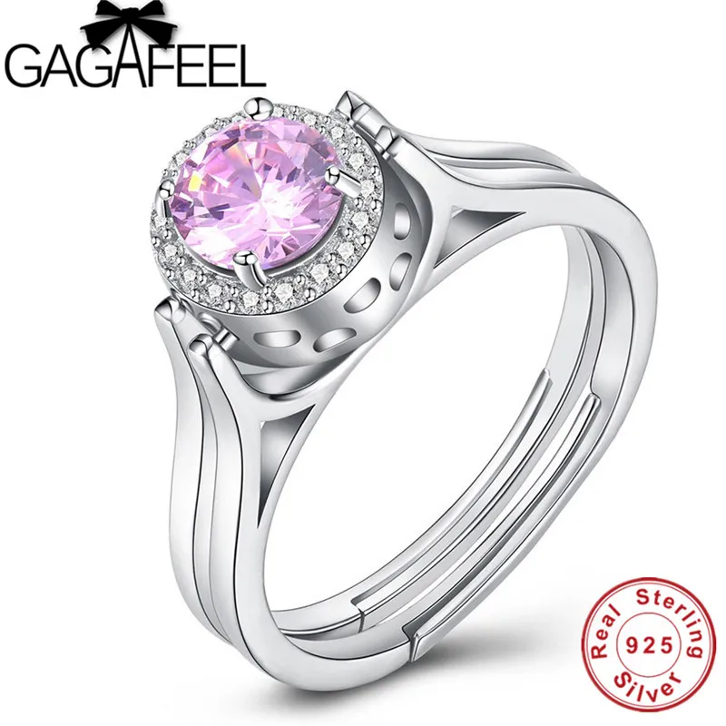 

GAGAFEEL Big Pink CZ Crystal Rings Adjustable Size 100% 925 Sterling Silver Stackable Wedding Bands Engagement Ring