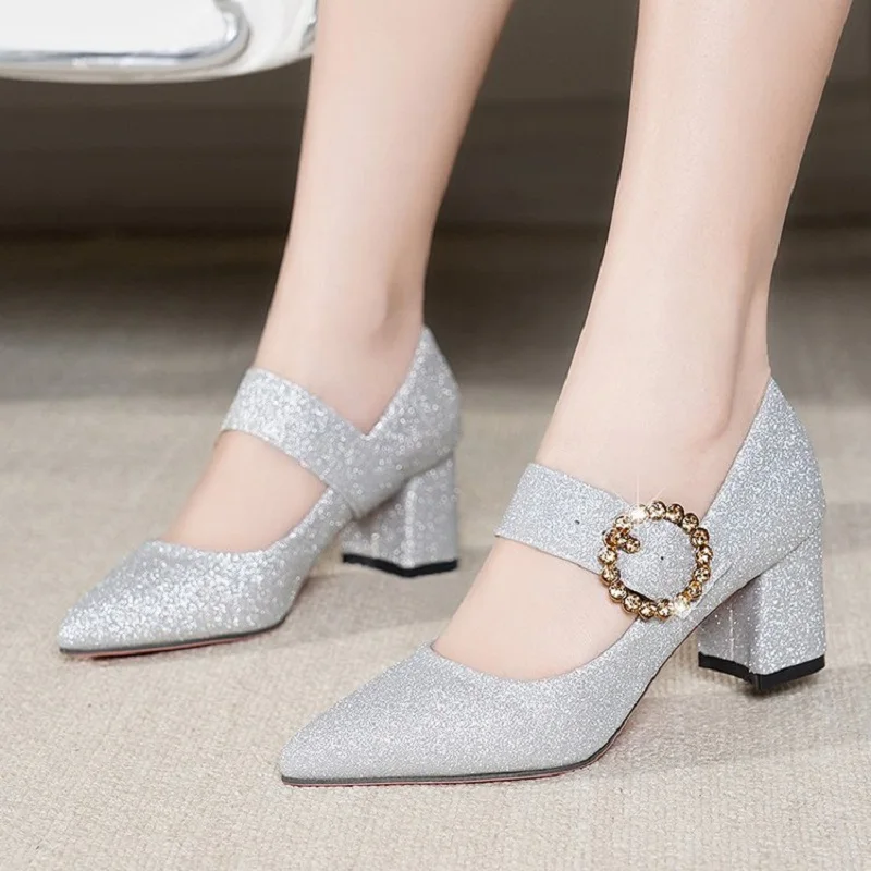 

2019 spring new spring models wild sequins high heel thick heel shoes ladies shoes
