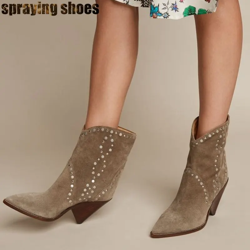 

2019 Autumn Winter Brown Suede Women Ankle Boots Sexy Pointed Toe Spike Heels Cowboy Boots Fashion Ladies Shoes Leather Booties
