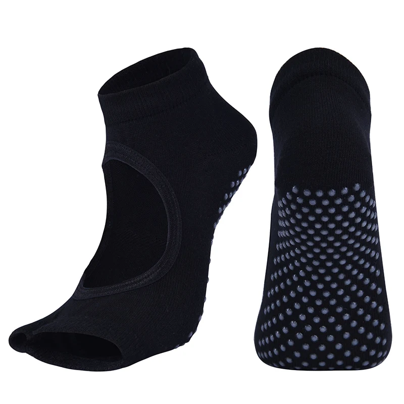 Новые женские нескользящие носки для йоги спортивные хлопковые носки для пилатеса с двумя носками дышащие быстросохнущие танцевальные носки-тапочки для балета - Цвет: Black