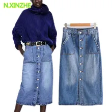 Женская одежда с высокой талией с карманами однотонная Потертая джинсовая прямая юбка Женская высокая уличная мода тонкая миди джинсовая юбка S5488