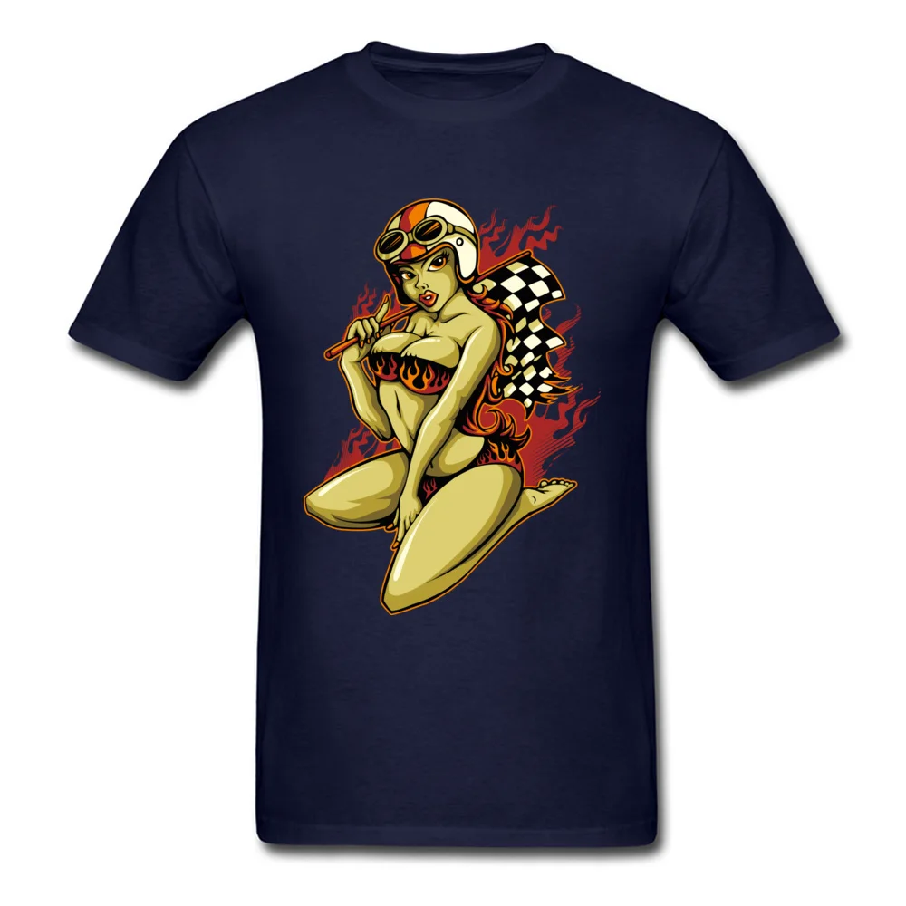 Printed On Tops & Tees Faddish O Neck comfortable Short Sleeve All Cotton Male T-shirts Personalized Tees Free Shipping Hot Pin Up Girl with Racing Flag navy