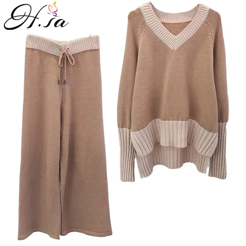 

H.SA 2018 Winter New Women Two Pieces Sweater Suite V neck Loose Style Female Knit Jumpers Wide Leg Pants Sweater Suit Korean