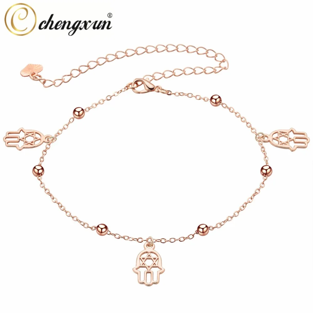 

CHENGXUN Protection Amulet Hamesh Hand Anklet Bracelet Rose Gold Foot Jewelry Round Beads Link Chain for Arabic Good Luck