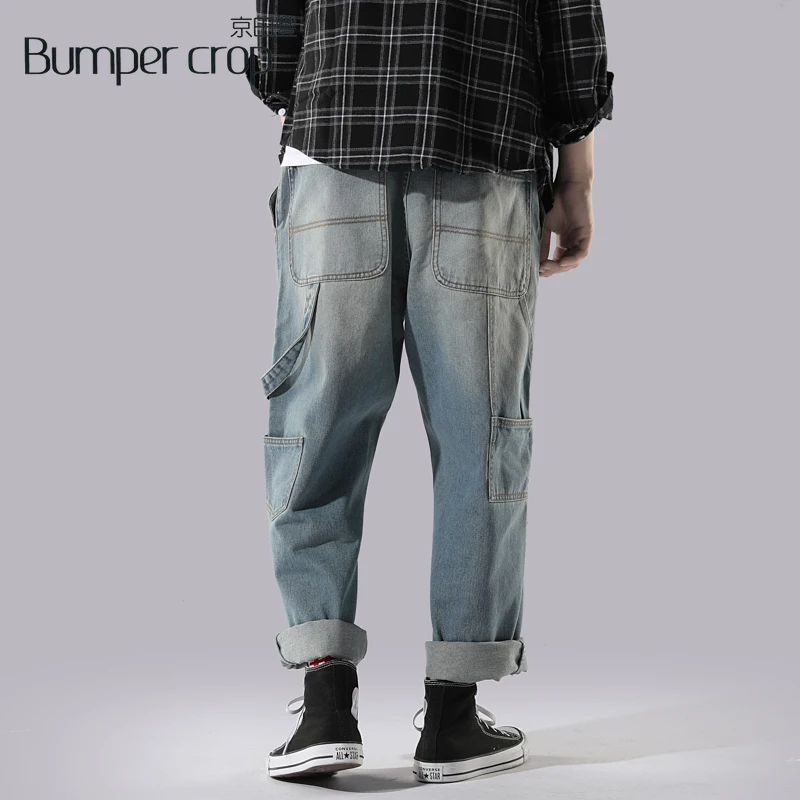 

BUMPERCROP Hip Hop Mens Jeans Loose Vintage Pocket Designer Jeans High Quality Denim Pants Legs Man Jeans Brand 2018 Blue Chic