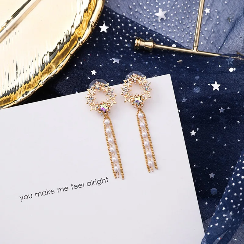 

2019 Crystal Earrings For Women Long Dangle Simulated Pearl Ear Jewelry Shiny Summer Tassel Pendientes Rhinestone Stars Brincos