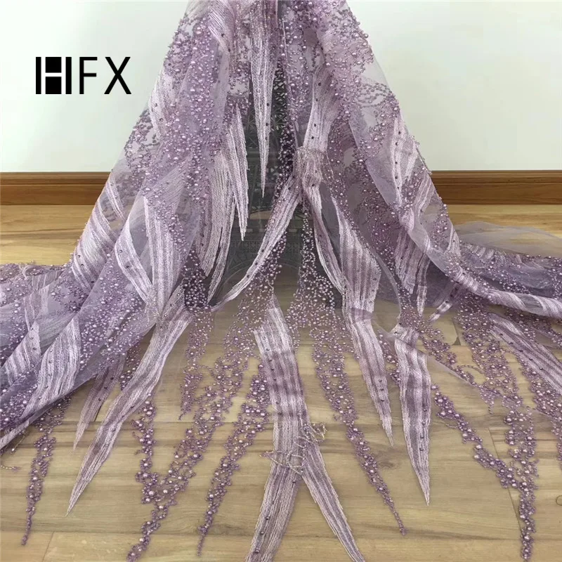 

HFX African Handmade Beads Lace Fabric 2019 High Quality nigerian french luxury full beaded bridal lace fabric 5yards F1695