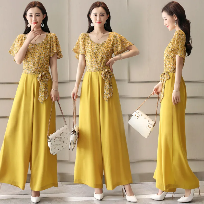

Long Rompers Womens Jumpsuits Summer Ladies O Neck Short Sleeve Floral patchwork wide leg Jumpsuit