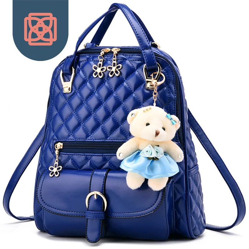 Diamond Quilted Women's Backpack Pleated School Bag Bear Keychain ...