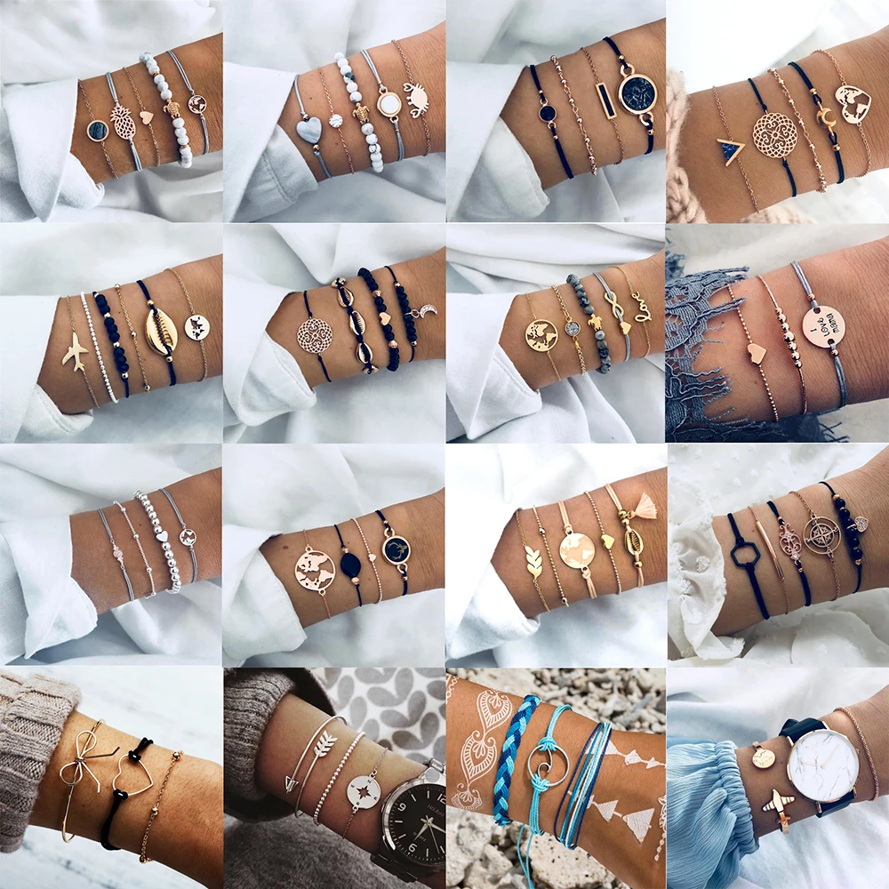 

32 Style Boho Bird Turtle Map Heart Leaf Arrow Bracelets Shell Bead Palm Gem Chain Bracelet Set Special Festival Female Jewelry
