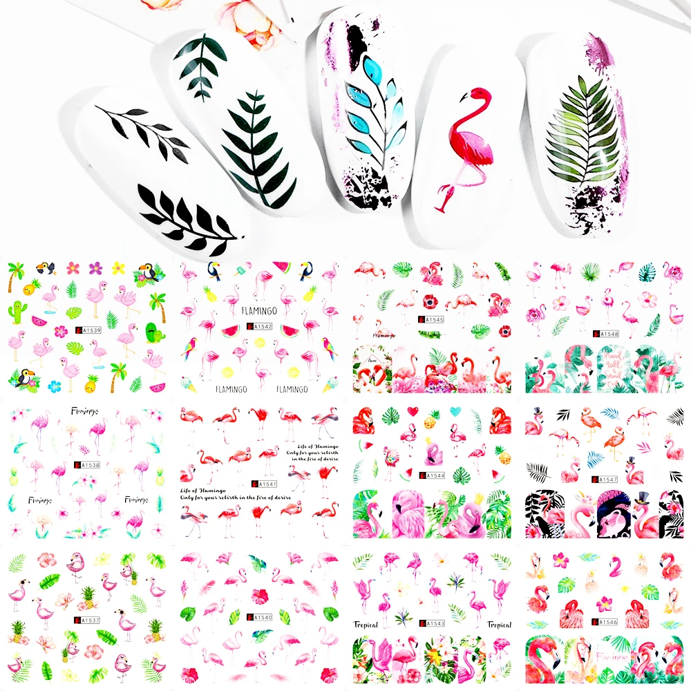

12 Designs Water Decals Slider Summer Jungle Flamingo Leaves Flora For Nail DIY Art Decorations Manicure Tattoo LAA1537-1548