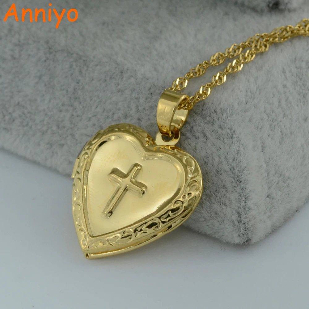 

Anniyo Cross Box Necklace for Womens/Girl,Crucifix Pendant Gold Color Brass Real Charm Latin Cross Heart Necklaces #004302