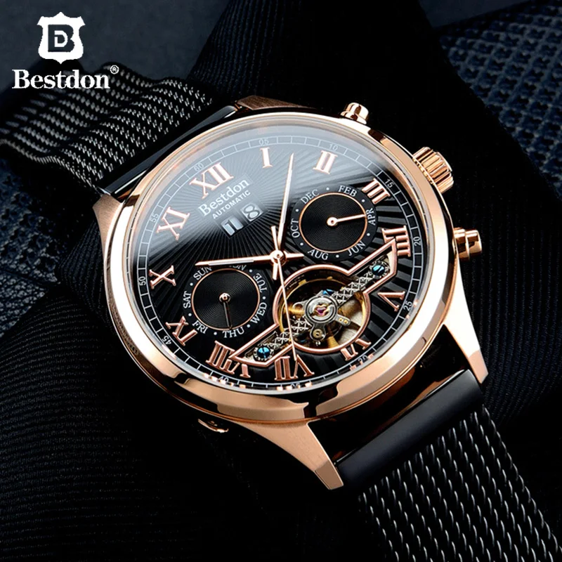 Bestdon Tourbillo автоматические механические мужские часы из нержавеющей стали маховик