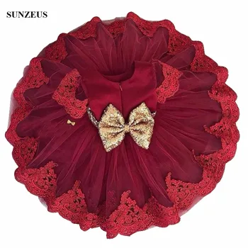 

Wine Red Flower Girl Dress Cute Ball Gown Knee Length Short Sleeve Children Party Gowns With Appliques Sequins Bow FLG034
