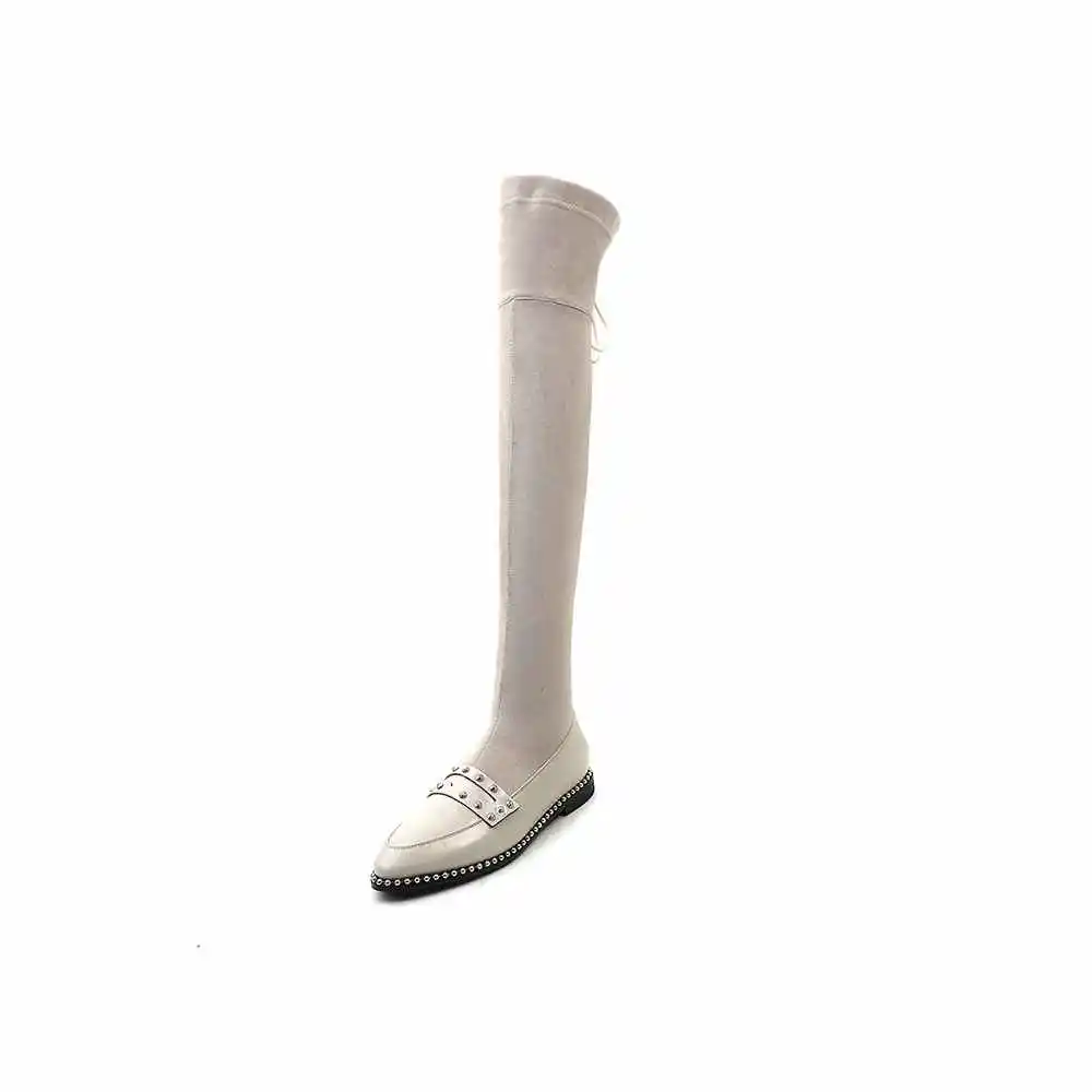 Véritable Over Bottes Naturel Cuir Bas Beige De Mode the Krazing noir Fourrure genou Bottines Extensibles Solide Velours Talons Couleur Rivets L12 Pot 2019 En EOqFT
