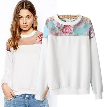 

Fashion women sweatshirts vestidos long sleeve o-neck chiffon white cotton stitching plus floral print shirt size S-XXXL