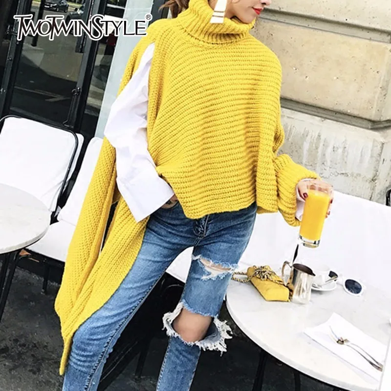 

TWOTWINSTYLE Irregular Sewater Female Turtleneck Batwing Sleeve Asymmetrical Knitting Pullover Jumper 2020 Spring Korean Clothes