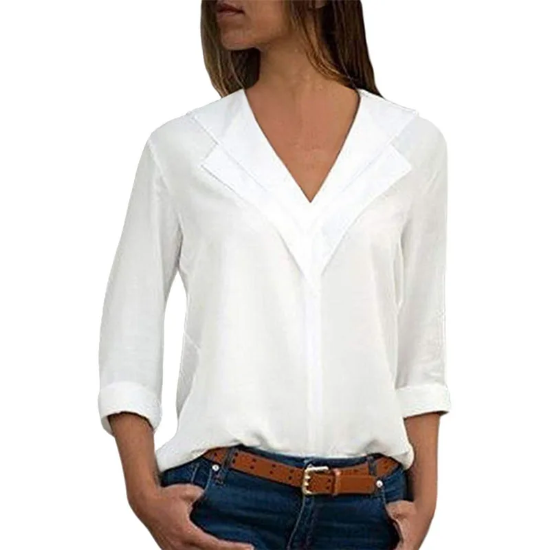 

Women Blouses Sexy V Neck 2019 Solid Chiffon Shirts Lady Long Sleeve Fashion Blouses Shirt Beach Tops Blusas Plus Size 5X