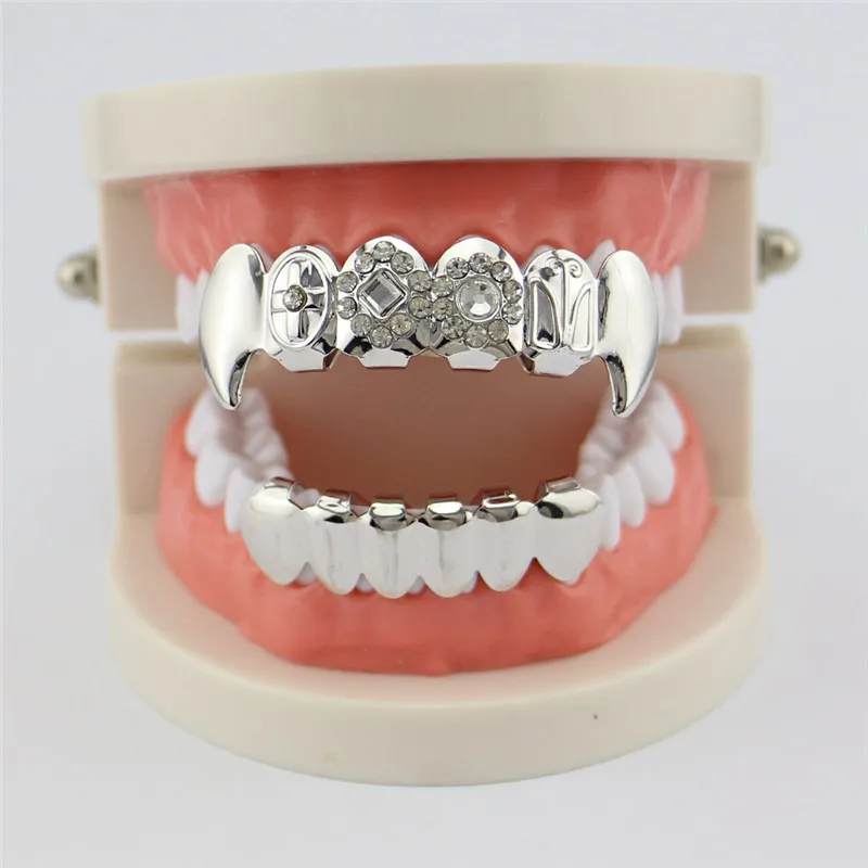 Панк золотые зубы Grillz верхние и нижние грили стоматологические Стразы Зубы вампира колпачки Хэллоуин рот украшения для зубов вечерние XHYT1039-1