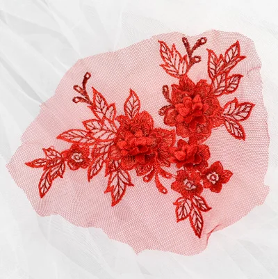 Одна штука 19*15 см 3D Цветок красочное Сетчатое вышитое кружево Аппликация с цветком DIY кружевная ткань отделка - Цвет: Red