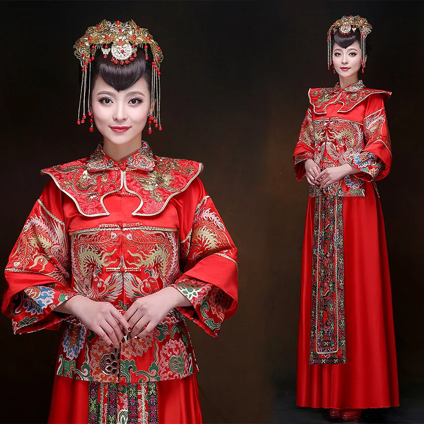 Классические свадебные Cheongsam костюм китайский для женщин Свадебная одежда красный с длинным рукавом древних платье невесты вышивка феникс