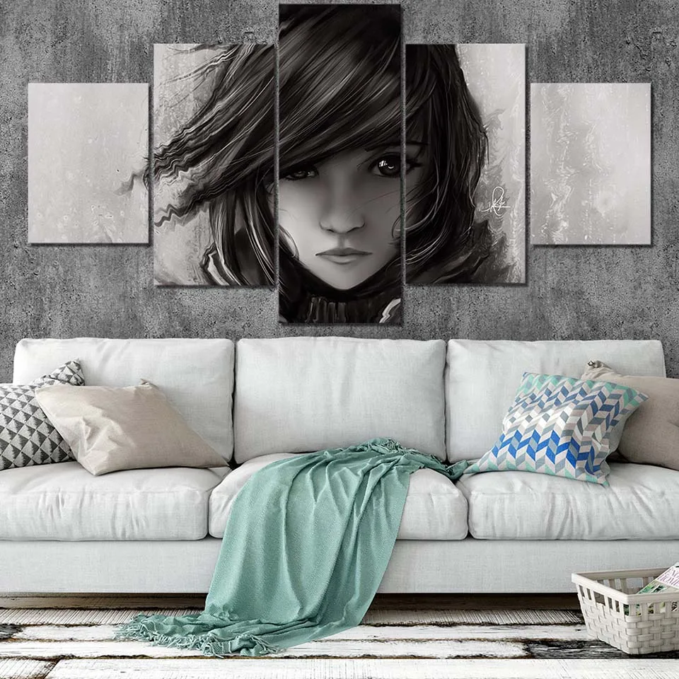 Canvas-Posters-Home-Decor-Wall-Art-Framework-5-Pieces-Black-and-White-Girl-Paintings-For-Living