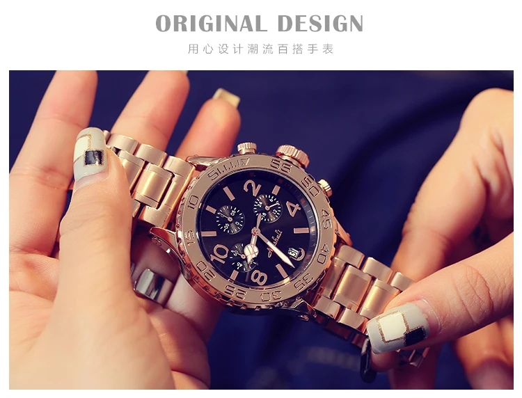Топ Роскошные мужские часы Женская мода 6-контактный большой циферблат повседневные наручные часы Кристалл платье часы женские часы розовое золото