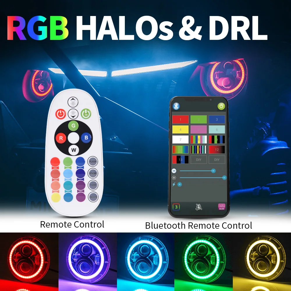 MICTUNING 7 ''круглый 80 Вт фары RGB Halo светодиодный налобный фонарь Ангел глаз с Bluetooth управление DRL Hi/Lo луч для Jeep Wrangler JK LJ
