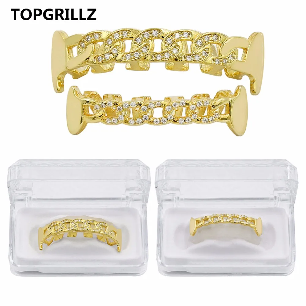 

TOPGRILLZ Pure Gold Color Plated Fang Teeth Grillz Micro Pave CZ Stones Exclusive Luxury Top & Bottom Hip Hop Chain Gold Grills