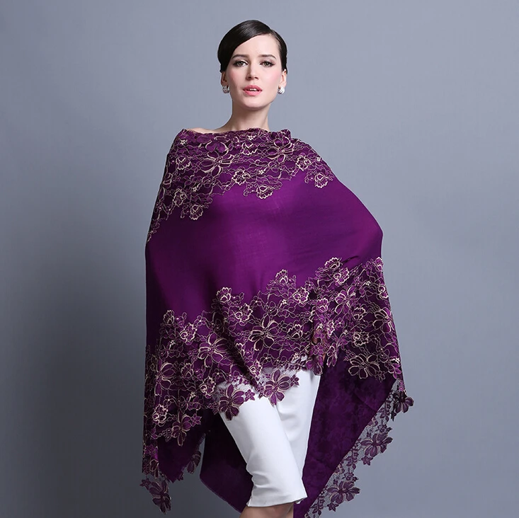 2015 Top Quality Embroidered Wool Cape Women Long Lace Scarf Shawls Pashmina Christmas Gift Red Black Yellow Pink Grey Purple | Аксессуары