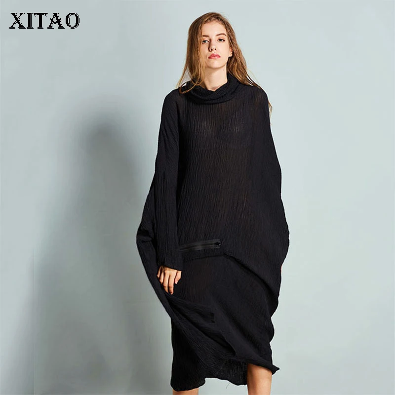 

[XITAO] 2018 Autumn Europe Fashion New Women Turtleneck Full Sleeve Loose Dress Female Solid Color Mid-calf Dress ZLL1887