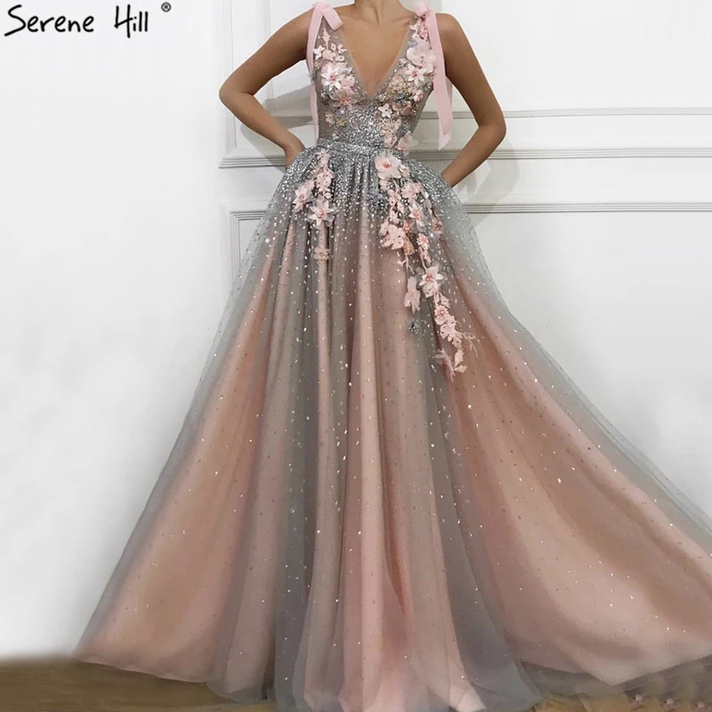 Розовые Сексуальные вечерние платья с v-образным вырезом и алмазным жемчугом, тюлевые вечерние платья ручной работы без рукавов с цветами Serene hilm LA60878